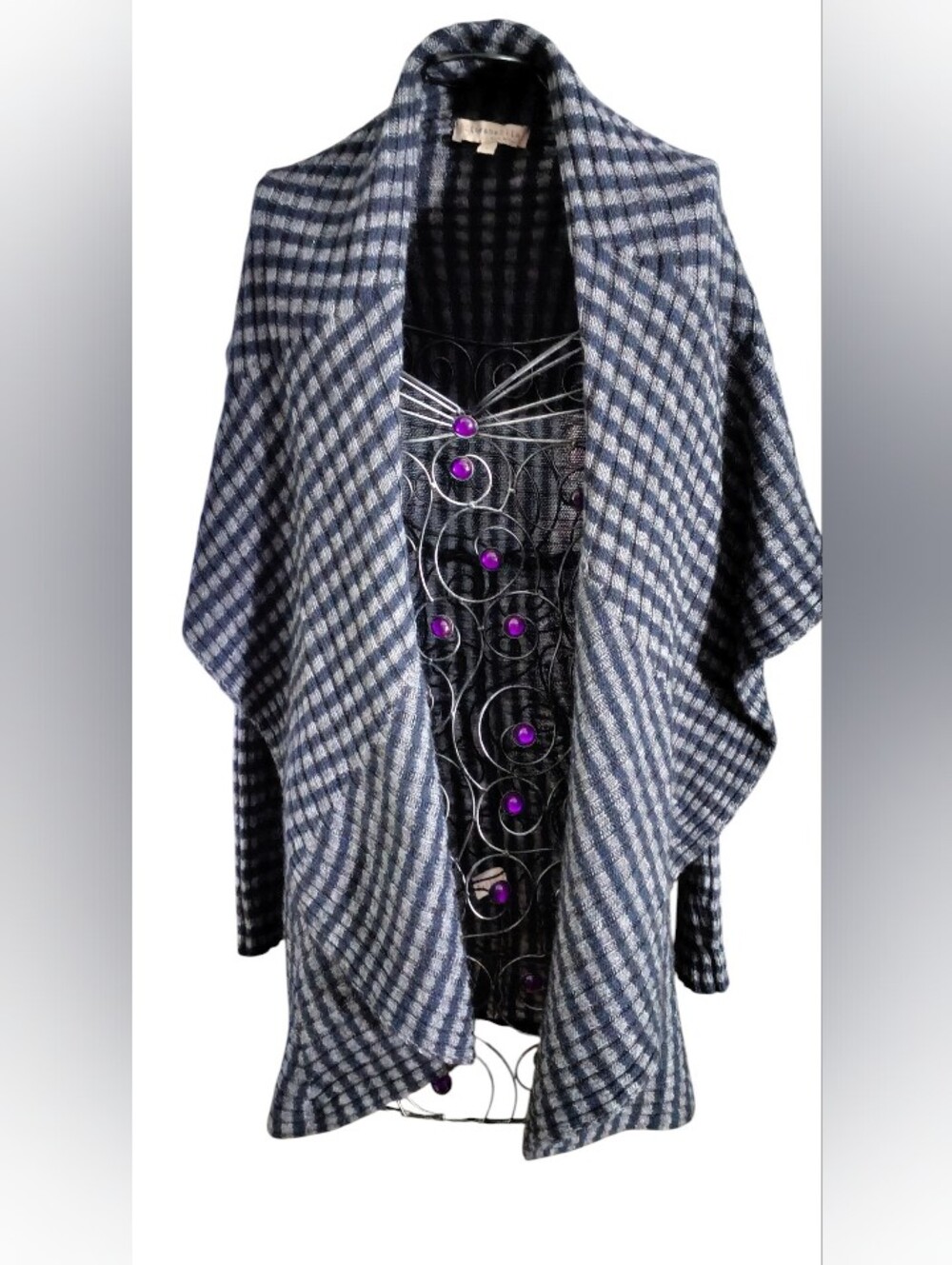 Lineamaglia Made In Italy Open-Front Plaid Shawl Cardigan in Blue Size Large